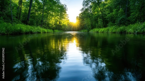 A serene scene of sunlight filtering through a lush green forest beside a calm river, capturing the essence of nature’s beauty and peacefulness in a vibrant and alluring atmosphere.