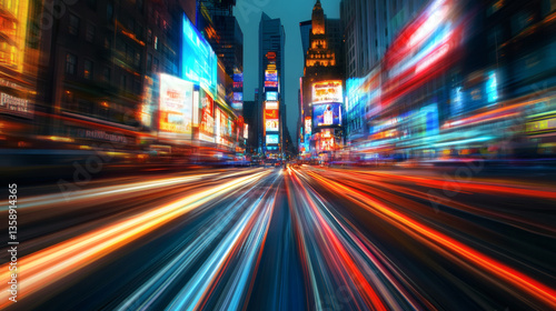a bustling city street at night with neon signs and blurred car lights, capturing the vibrancy of urban life
