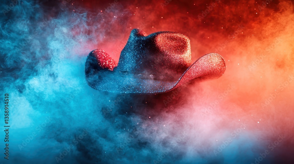 A glittering cowboy hat emerges from swirling colored smoke, creating a captivating and enchanting effect that draws the viewer's attention and sparks imagination.
