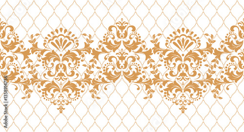 Floral pattern. Vector background. Vintage wallpaper in the Baroque style. White and golden ornament for fabric, wallpaper, packaging. Ornate Damask flower illustration