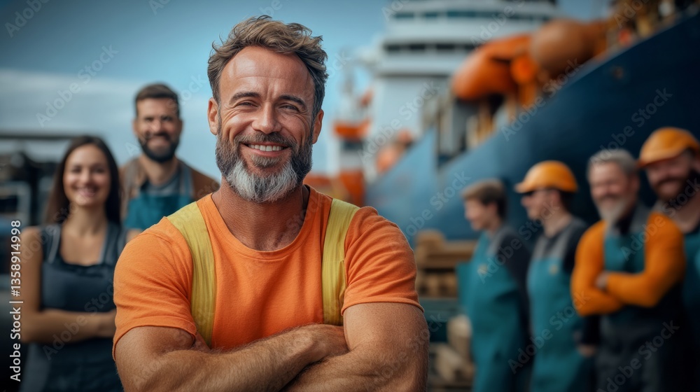 Fototapeta premium A man in an orange shirt is smiling and posing for a photo with a group of people. Scene is happy and friendly