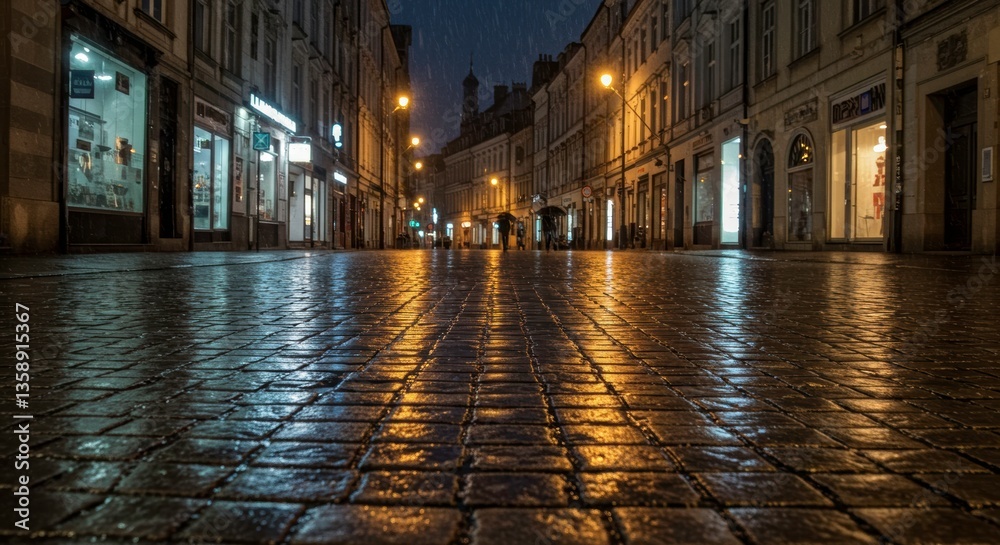 Fototapeta premium Rainy Night City Street Cobblestone Pavement Wet Reflective Surface Dark European Architecture