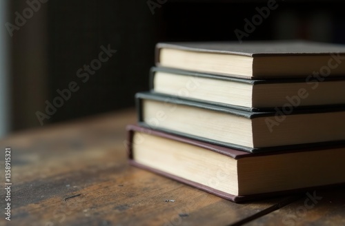Stack of old book on wooden table, close up