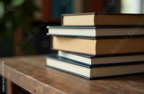 Stack of old book on wooden table, close up