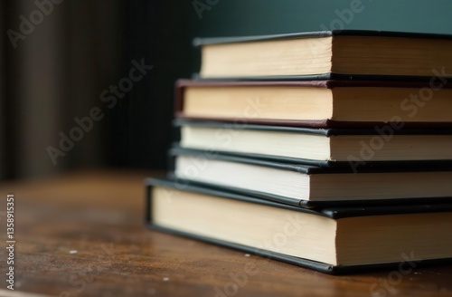 Stack of old book on wooden table, close up