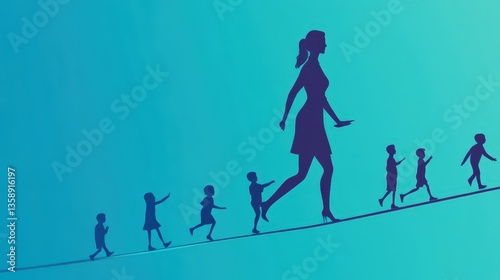 A motivational image of a female leader balancing family and remote management responsibilities.