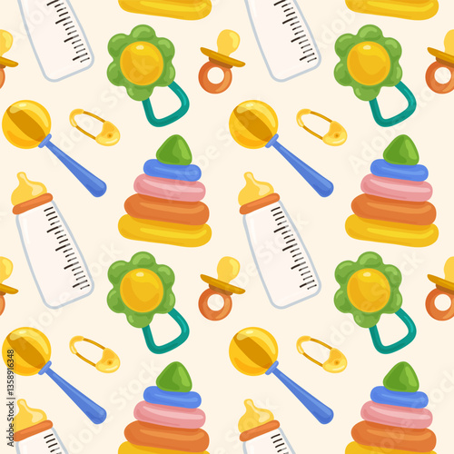 Seamless pattern with baby toys in light background. Cute background for baby boy, girl shower party, invitation template, scrapbook, cards.