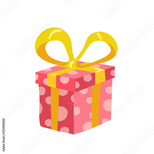 Photos Pink polka dot gift box with yellow bow on white background, vector