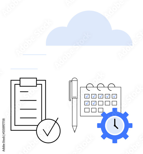 Checklist with tick marks, calendar, pen, clock within a gear, and cloud signify productivity, scheduling, and time management. Ideal for planning, organization workflow deadlines multitasking