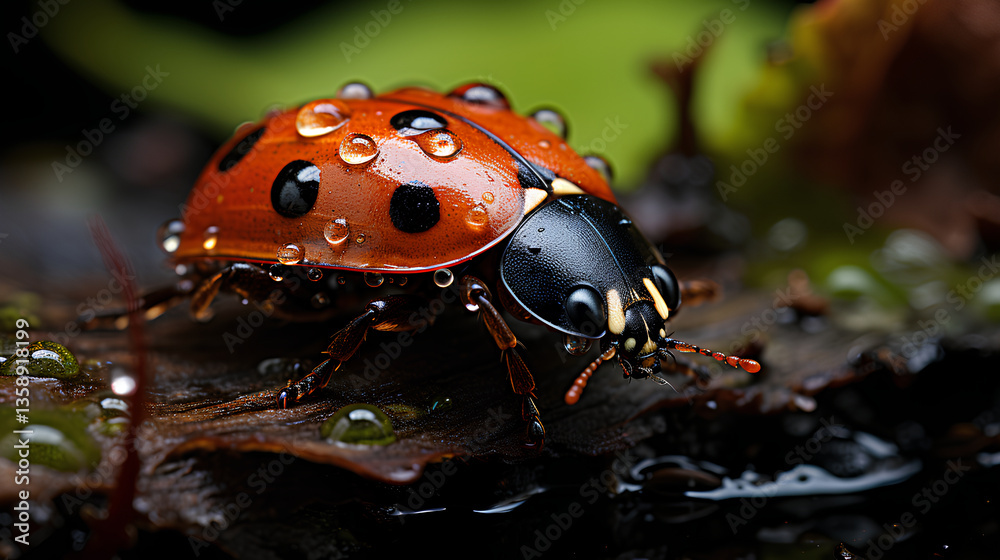 Obraz premium Macro View Photograph of a Ladybug on a Leaf in the Rain