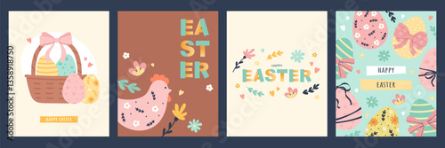 Happy Easter set of cute greeting card or poster