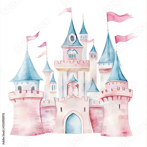 Delicate watercolor fairy tale castle with ornate towers, bright flags, and soft shades of pink and blue, framed by a minimalistic white background.  