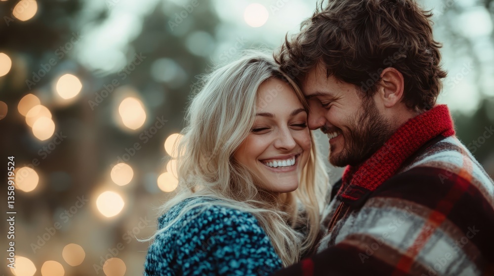 A joyous couple embracing each other amidst a warm, softly lit background, showcasing love and happiness in a romantic outdoor setting filled with lights. A joyous couple embracing each other amidst a warm, softly lit background, showcasing love and happiness in a romantic outdoor setting filled with lights.