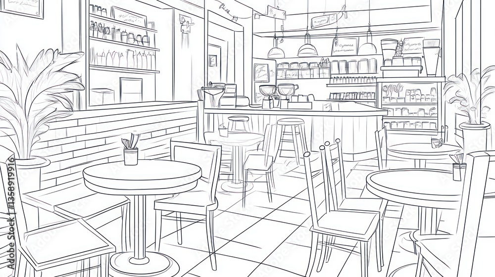 Obraz premium Interior sketch of a cafe, tables and chairs, shelves, plants, coffee equipment. Possible use Stock photo for cafe design, architecture, interior design