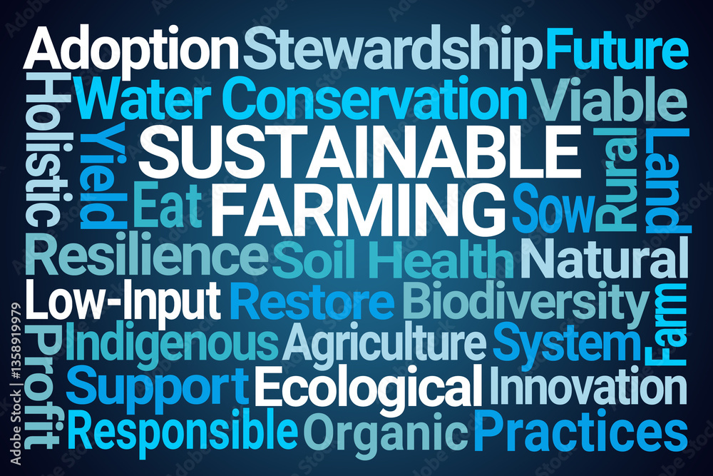 Sustainable Farming Word Cloud on Blue Background Sustainable Farming Word Cloud on Blue Background