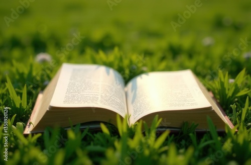 Opened book on green grass, close up, sunny day