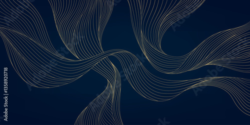 Vector wave line gold background, japanese abstract art texture. Sea, flow, river fancy curve graphic.