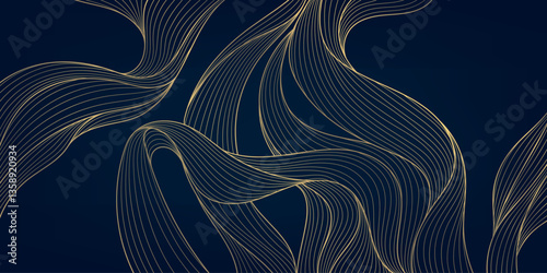 Vector wave line gold background, japanese abstract art texture. Sea, flow, river fancy curve graphic.