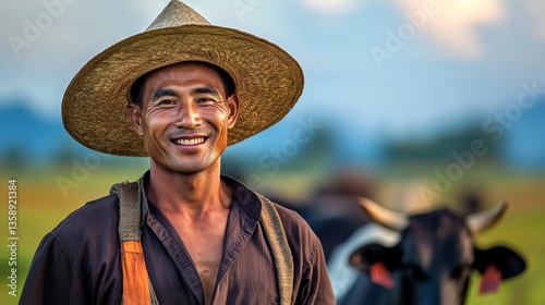 A man wearing a straw hat is smiling at the camera. He is standing next to a cow photo