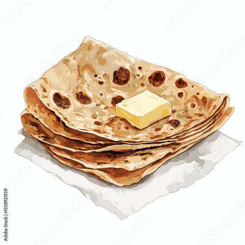 Watercolor Lefse Flatbread with Butter and Rolled Portion