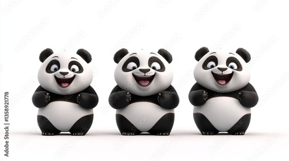 Obraz premium Charming Collection of Three 3D Cartoon Panda Bears in Playful Poses on a Vividly Colorful and Whimsical Background
