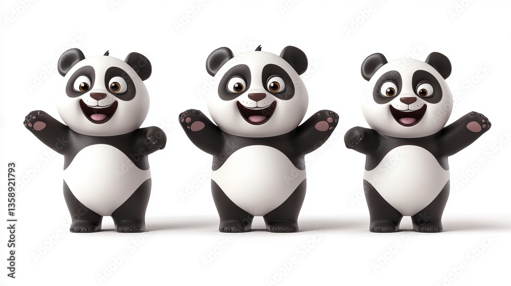 Obraz premium Charming Collection of Three 3D Cartoon Panda Bears in Playful Poses on a Vividly Colorful and Whimsical Background