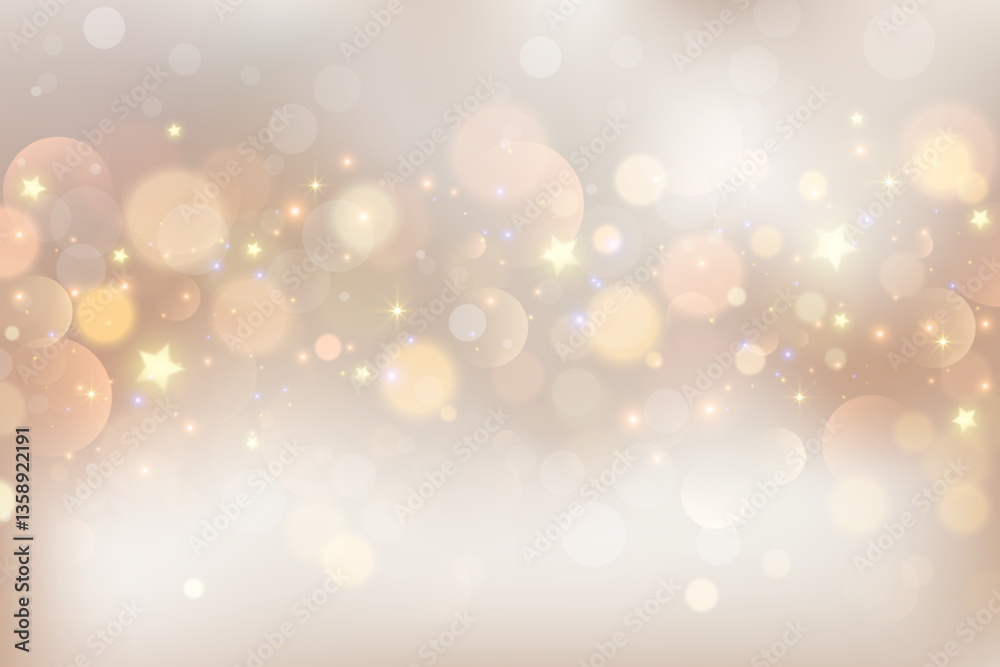 Light background with bokeh. Abstract golden glitter texture. Beige gradient with star glow. Ivory pastel blurred backdrop for wedding invitation design. Nude elegant vector gradation wallpaper