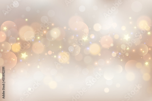 Light background with bokeh. Abstract golden glitter texture. Beige gradient with star glow. Ivory pastel blurred backdrop for wedding invitation design. Nude elegant vector gradation wallpaper