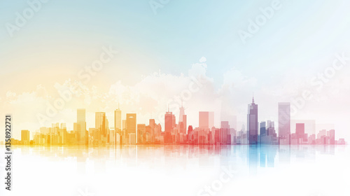 vibrant city skyline with gradient of colors, showcasing modern architecture and serene atmosphere. reflection adds depth and beauty