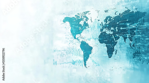 digital world map with blue and green color scheme, showcasing global connectivity and data visualization, evokes sense of innovation
