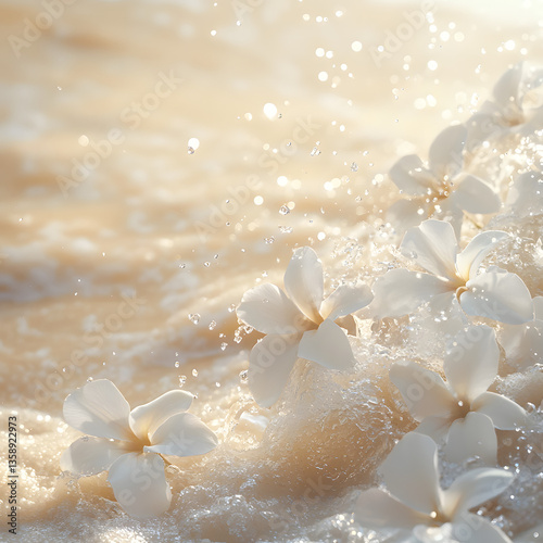 Delicate white blossoms serene and pristine drift gently on the tranquil turquoise waves