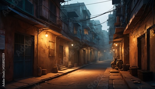 Atmospheric Night Scene in a Narrow, Foggy Alleyway