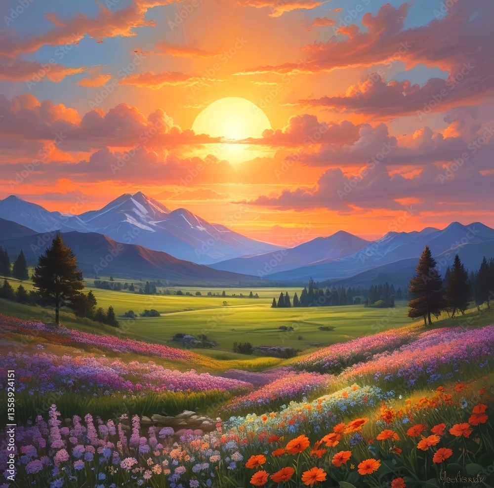 Fototapeta premium Illustration of spring landscape with field and flowers.