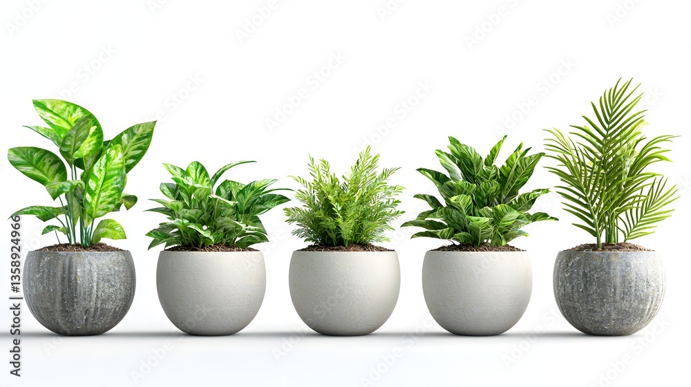 Obraz premium Assortment of exotic plants in pots on a white background