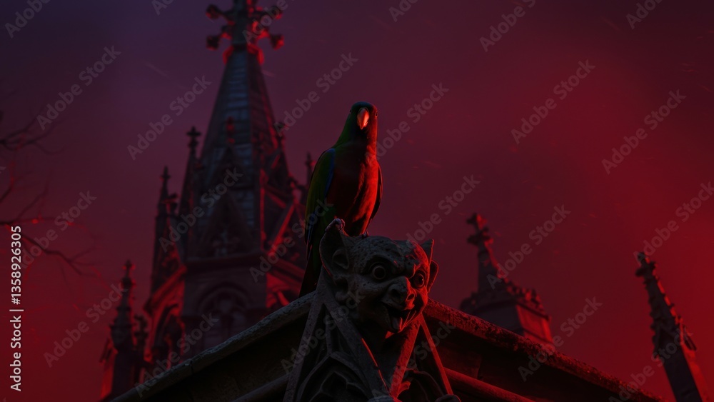 Fototapeta premium A perched parrot sits atop a gargoyle, part of Gothic architecture; features dramatic red lighting. Image evokes themes of gothic fantasy and history.