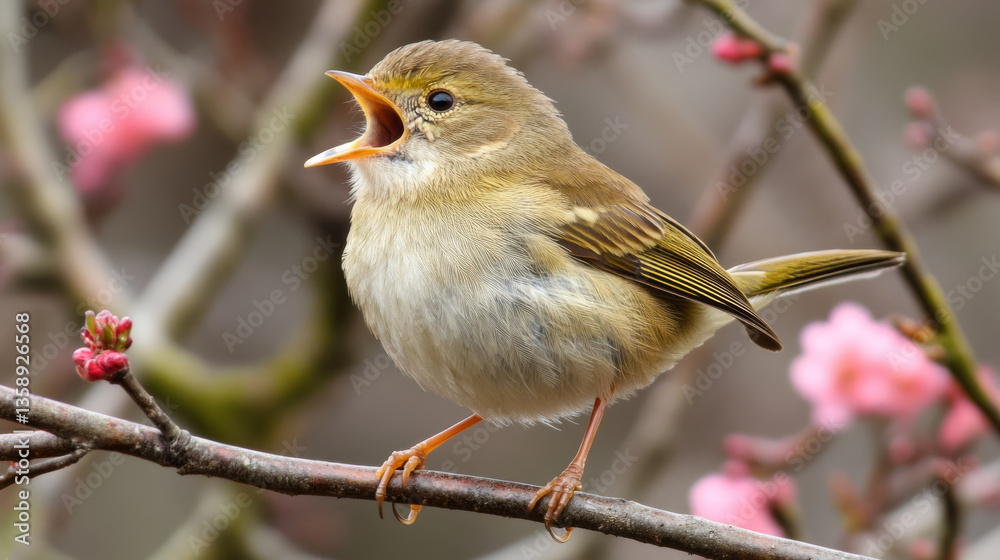 Fototapeta premium small bird singing on branch with pink blossoms