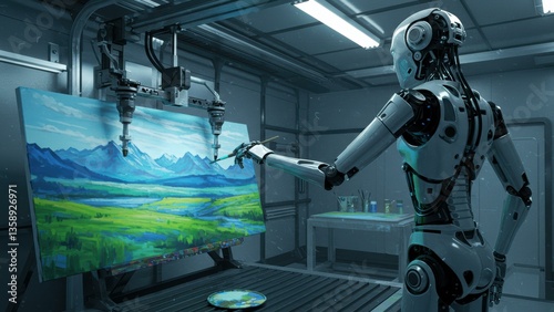 Cyborg artist stands in studio, One robotic arm guides paintbrush, the other controls automated easel, Landscape painting in progress, Creativity, technology, and future themes emerge,