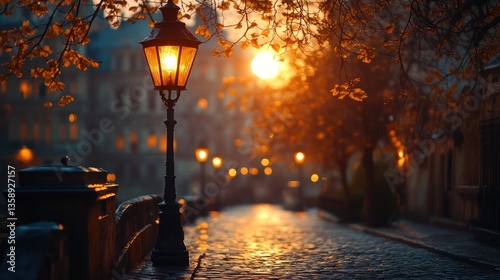 Autumnal sunrise over cobblestone bridge, street lamps photo