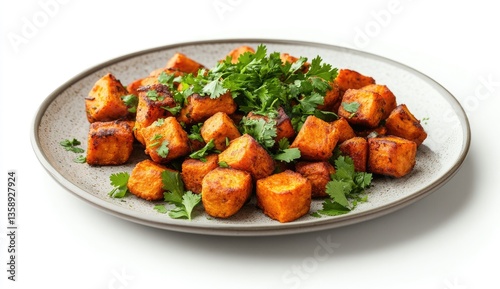 Crispy roasted sweet potato cubes garnished with fresh cilantro