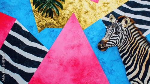 Zebra head against vibrant geometric background with tropical leaf.