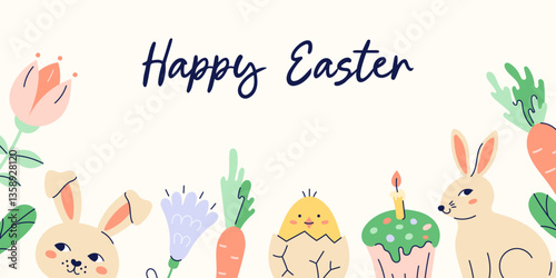 Happy Easter horizontal banner with hares, a chicken and flowers on the bottom edge on beige background. Design with text. Happy Easter hand drawn card. Flat illustration with partial outline. Vector