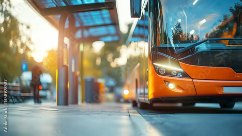 Modern orange bus at urban bus stop during sunset with soft bokeh background effect