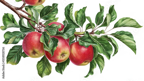 The close-up of a branch with ripe red apples and vibrant green leaves, framed against a clean white background, showcases the beauty of the fresh apples and their natural imperfections.