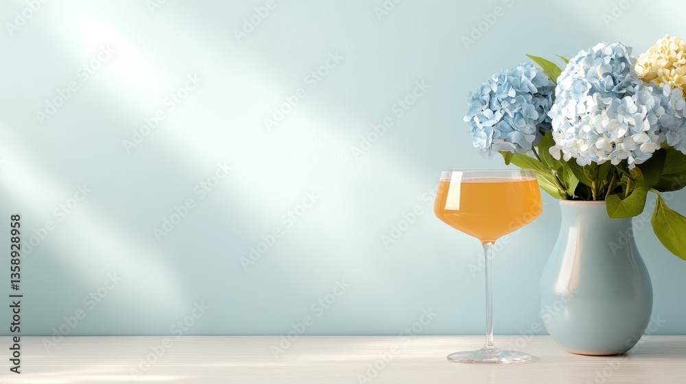 This refreshing yellow cocktail is beautifully displayed alongside blue hydrangeas in a stylish vase, perfect for a bright and cheerful atmosphere featuring soft tones.