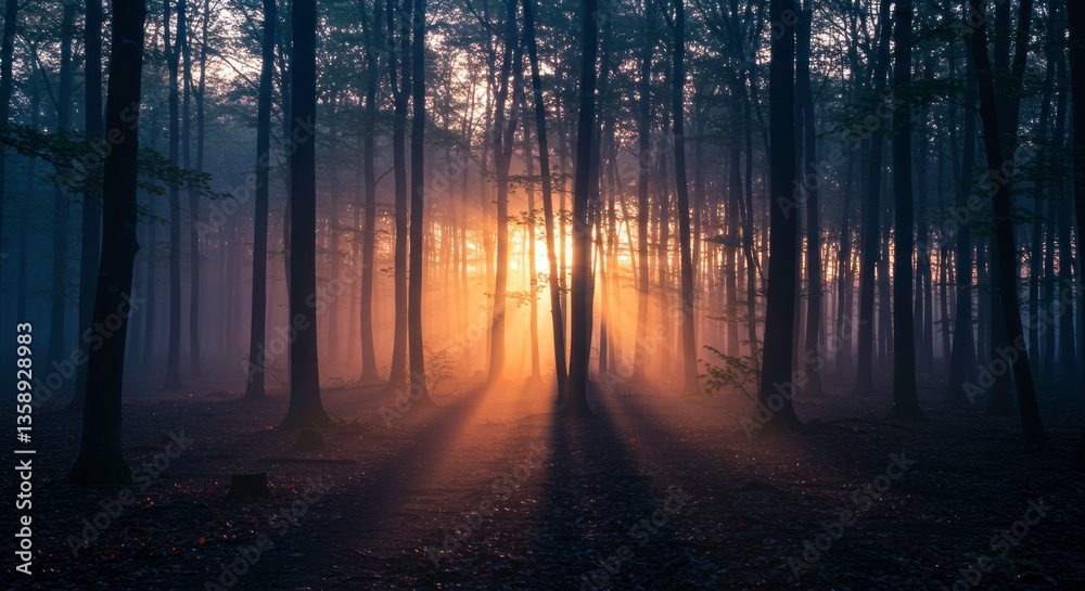 Fototapeta premium Mystical Sunrise in Foggy Forest Golden Light Beams Through Trees