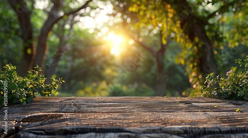 a wooden table with a planter on it in the middle of a forest