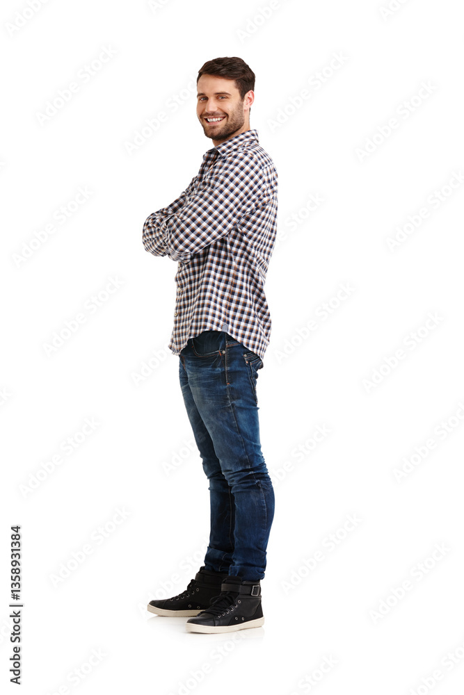 Portrait, arms folded and man in studio for fashion business, creative style or denim designer on mockup space. Smile, confident model and casual clothes, jeans or body on white background in Germany Portrait, arms folded and man in studio for fashion business, creative style or denim designer on mockup space. Smile, confident model and casual clothes, jeans or body on white background in Germany