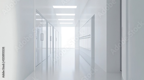Sleek school corridor with white walls  polished floors  and unoccupied lockers  soft natural light highlighting the minimalist  spacious aesthetic. 