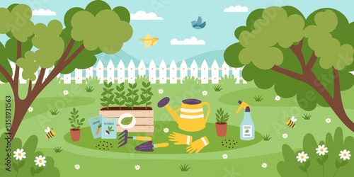 Gardening nature banner. Green meadow with seedlings and garden equipment. Spring and gardening concept. Vector hand drawn background.