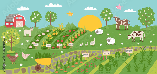 Regenerative farming concept banner. Gardening nature background. Illustration of garden, livestock and farm house. Vector  hand drawn background in flat style.